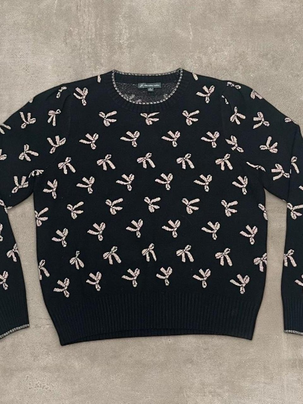 Adrianna Papell Sweater Womens S Black Bow Print Knit Crewneck Long Sleeve